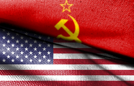 cold war. Flag of the Soviet Union (1922-1991). American flag (50 stars). Basemap and background concept. Double exposure hologram made of fabric pattern.