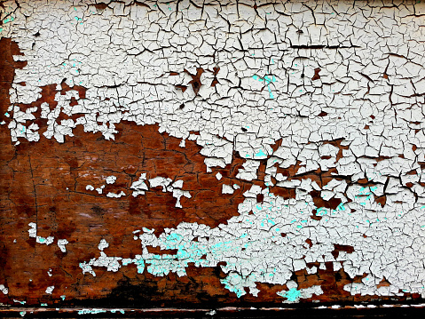White paint on the wall. Peeling from old boards, cracked and peeling paint. The weathered, rough paint showed a pattern of cracks and peeling. High resolution textures for backgrounds and designs.