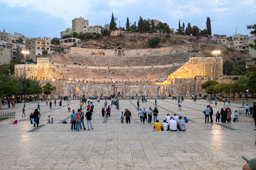 Amman, Jordan - October 5, 2023: Roman Theatre at dusk in Amman, Jordan. The theater was built during the reign of Antonius Pius (138-161)