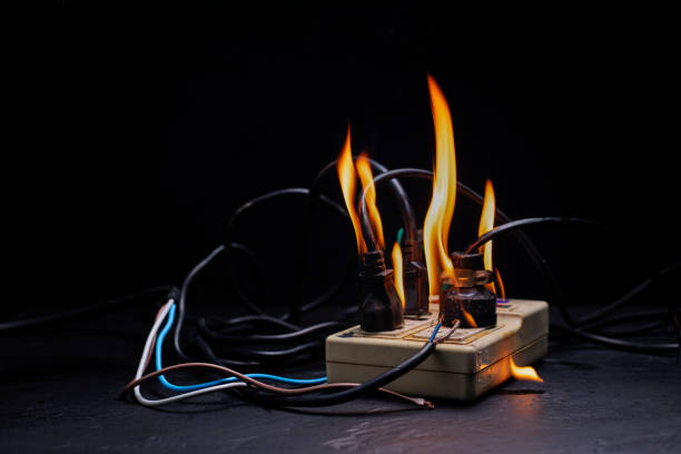 istock An electrical plug fire is caused by a short circuit of electrical current. Concept of prevention of danger. Using non-standard equipment, damaged equipment 1743762632