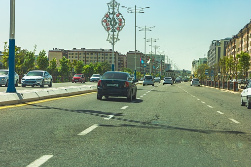 Tashkent, Uzbekistan - August 28, 2023: Road traffic of cars in the city.