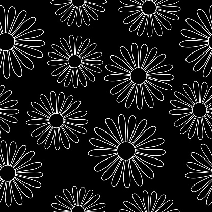 Vector seamless pattern of white outline daisies on a square black background.