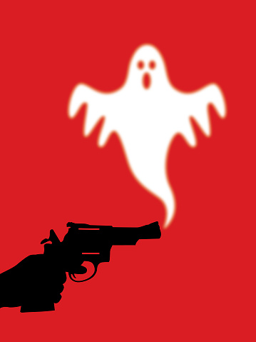 Vector illustration of a hand holding a gun with a ghost coming out of it on a red background.