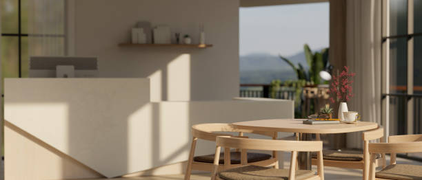istock Interior design of a cosy, minimalist lobby or reception area with a waiting table. 1743818734