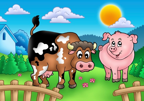 Cartoon cow and pig behind fence - color illustration.