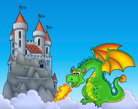 Green dragon with castle on hill - color illustration.