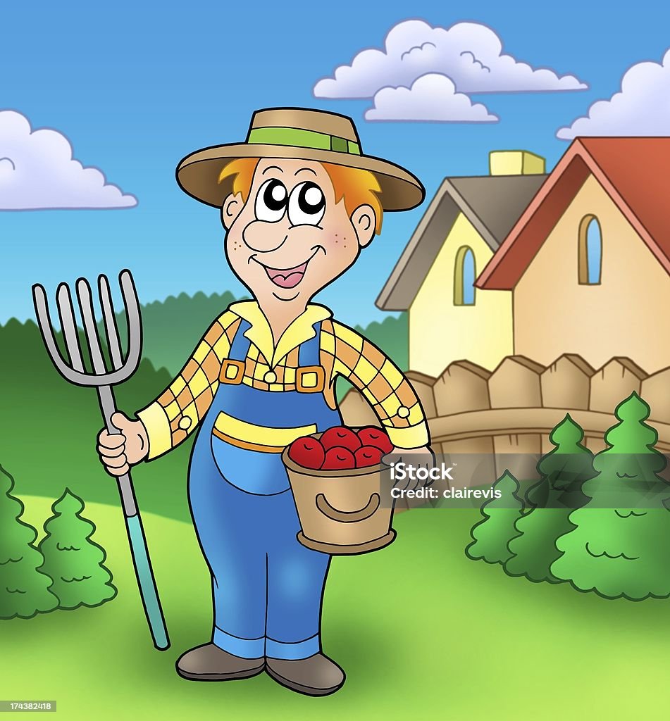 Cartoon farmer on garden Cartoon farmer on garden - color illustration. Activity Stock Photo