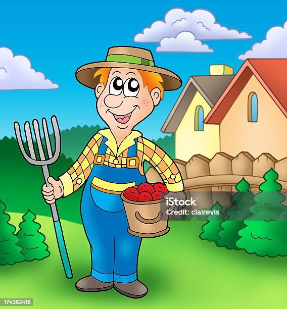 Cartoon Farmer On Garden Stock Photo - Download Image Now - Activity, Adult, Adults Only