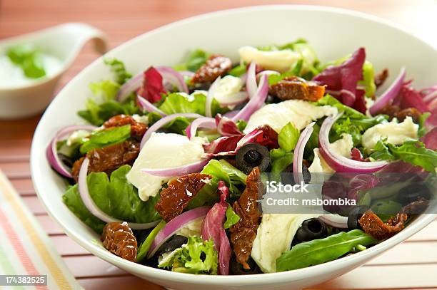 Salad With Cheese Tomato And Onion Stock Photo - Download Image Now - Bowl, Cheese, Healthy Eating