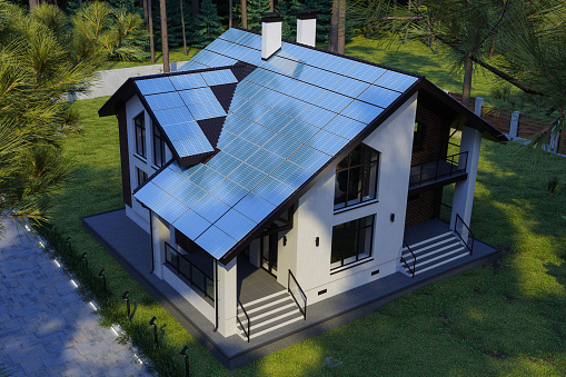 Modern Villa With Solar Panels On The Roof