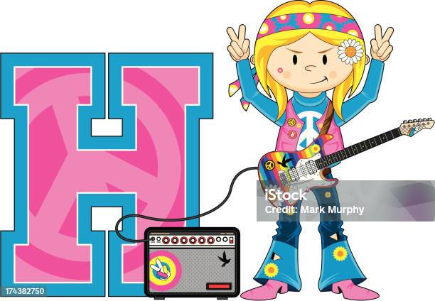 Vetores de Linda Hippie Com Guitarra Aprendizagem Letra H e mais imagens de 1960-1969 - 1960-1969, Amplificador, Aprender