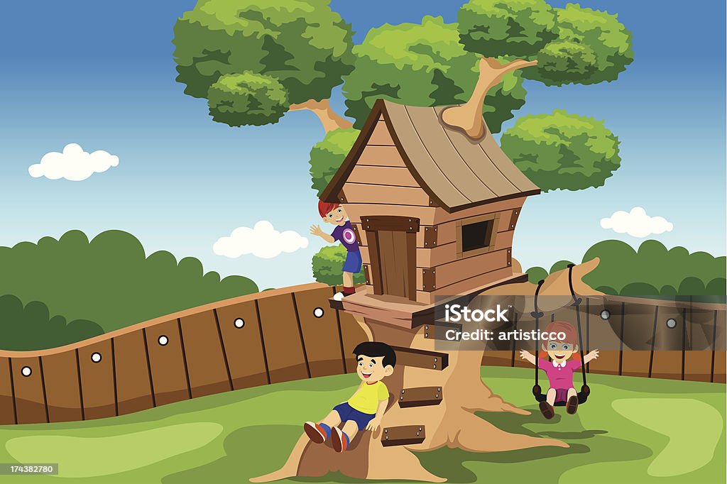 Crianças brincando em uma casa na árvore - Vetor de Aluno de Jardim de Infância royalty-free
