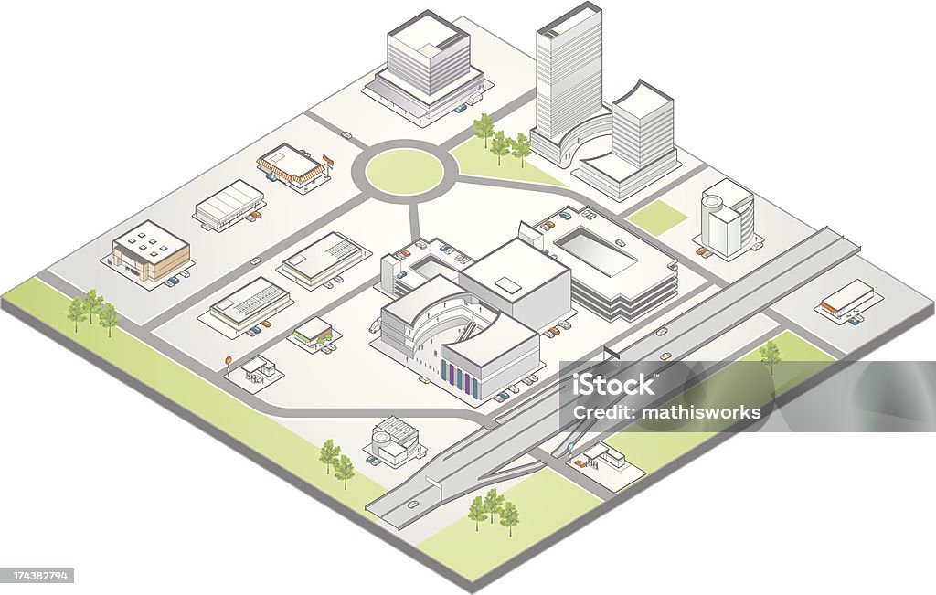 Mappa isometrica di un distretto commerciale suburbano - arte vettoriale royalty-free di Centro commerciale