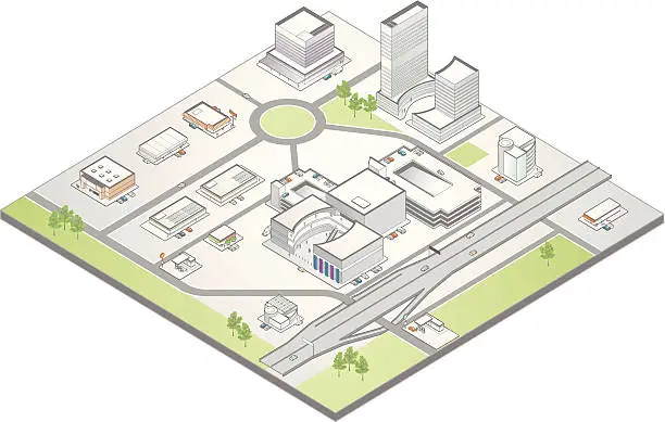 Vector illustration of Isometric map of a suburban commercial district