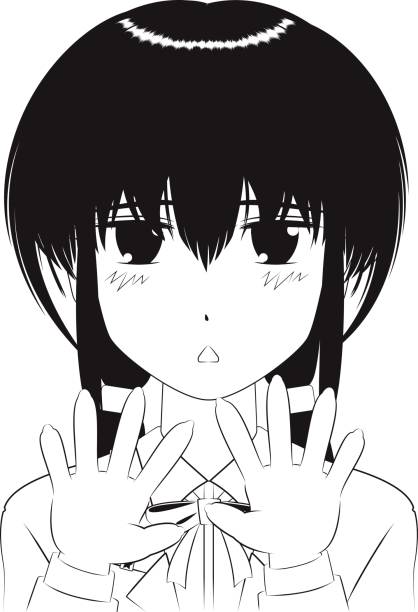 Japanese Manga style[Troubled expression]Outline illustration Download includes:  black and white anime girl stock illustrations