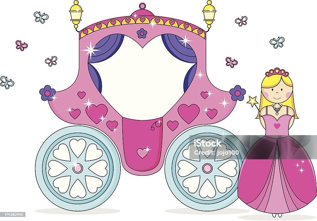 Pink Fairytale Heart Carriage Invite with Butterflies and Cute Princess. Heart and flower decorated fairytale pink carriage invite with cute princess wearing a ballgown and tiara, holding a wand, with butterflies all around.  Space for copy in carriage window. Princess stock vector
