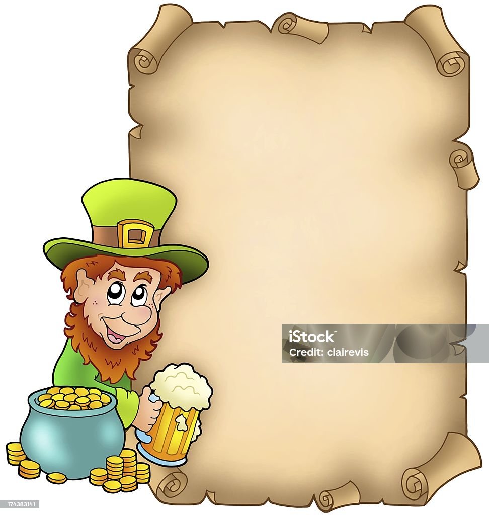 Parchment with leprechaun and gold Parchment with leprechaun and gold - color illustration. Adult Stock Photo