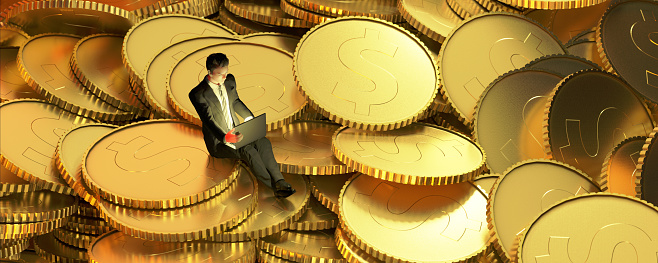 3D Illustration, Bussiness man sit on Gold coins that was scattered banner backgrond