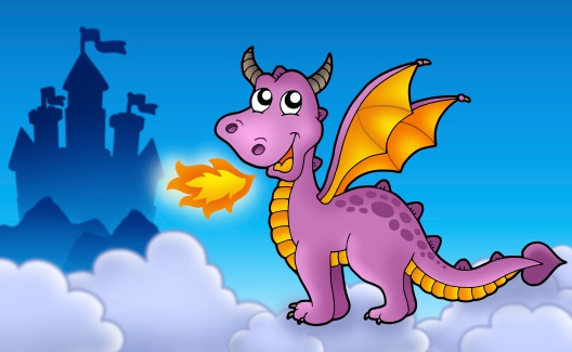Purple dragon with castle - color illustration.