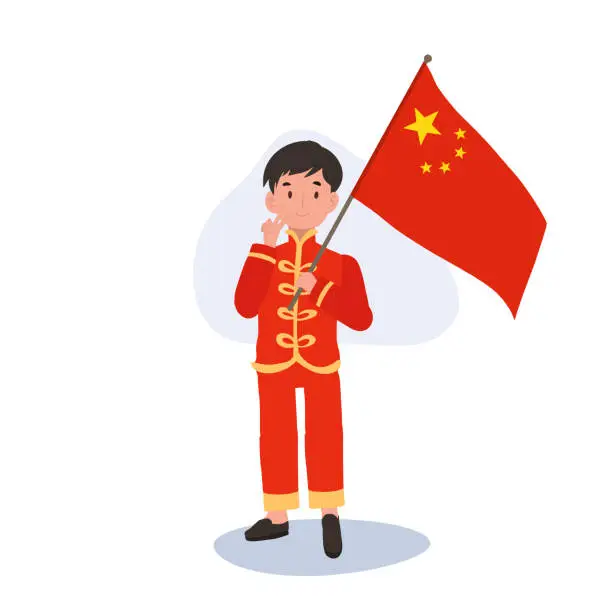 Vector illustration of Joyful Kid in Chinese Traditional Costume with China Flag