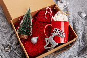 A box with gifts for Christmas and New Year: a red mug with marshmallows, knitted mittens, Christmas toys and a small Christmas tree onon