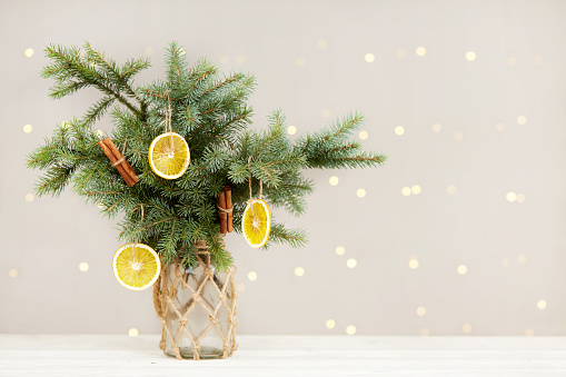 Winter bouquet of fir branches. Christmas tree in a vase with eco-friendly organic decor, dried orange and cinnamon sticks on the table against the background of bokeh lights. Zero waste concept.