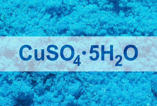 Copper(II) sulfate with chemical  formula. Chemical ingredient used in medical and public health issues.