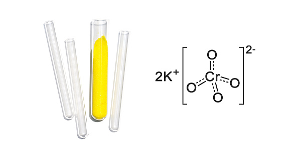 Potassium Chromate powder in test tube with molecular structure.