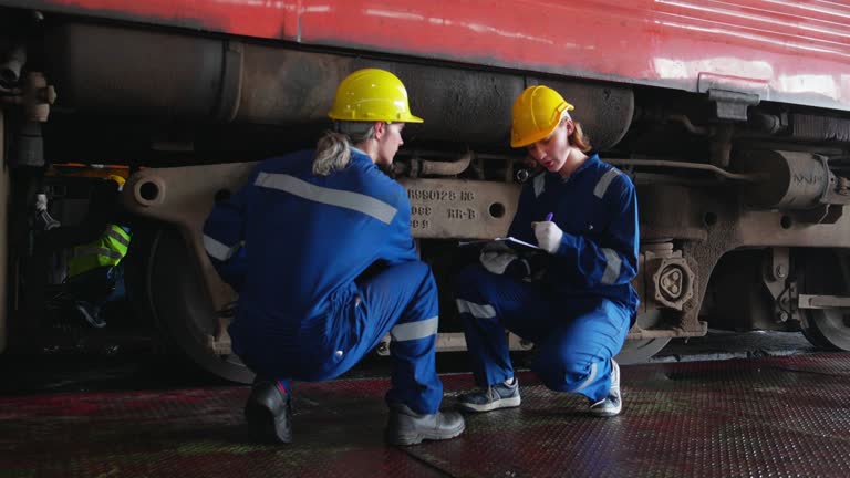 Young caucasian engineer man and woman maintenance and repair train diesel engine in station, team engineer inspect system transport, technician checking infrastructure, transportation and industry.