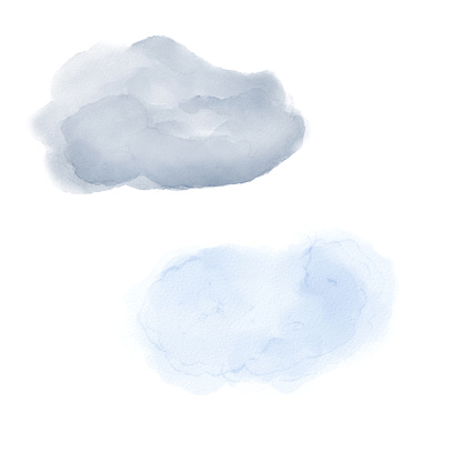 Watercolor illustration with abstract clouds for baby isolated on white background. Hand drawn neutral cloud. Elements in pastel shades for birthday postcard or newborn shower, invitation.