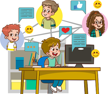 Children with social media elements on white background illustration.Kids remote communication via internet. Happy boys and girl talking, chatting at distance. Flat vector illustration