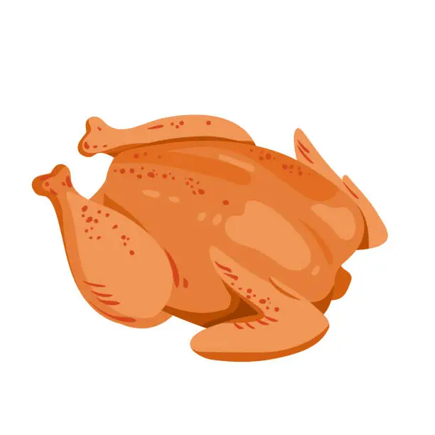 Vector illustration of Cartoon isolated whole roasted or baked chicken with delicious toasted crust, hot tasty food for lunch or dinner at home, cafe or restaurant. Whole fried chicken, top view vector illustration.