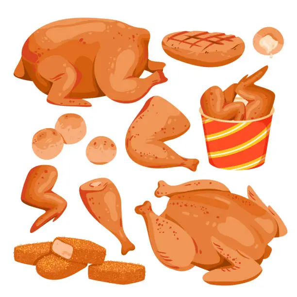 Vector illustration of Cartoon isolated hot roasted fillet from breasts, tasty spicy drumsticks and wings in box, nuggets and grilled chicken cutlets for poultry menu collection. Fried chicken set vector illustration.