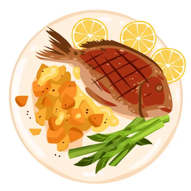 Vector illustration of Fish dish, cooking healthy food, plate with fried fish, lemon slices asparagus and potato