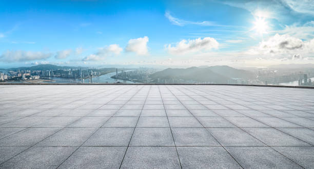 istock Square brick floor and Macau Financial District skyline background 1743914597