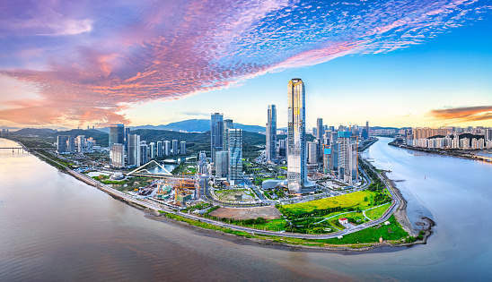 Aerial photography of city buildings and natural scenery panorama of Zhuhai city, Guangdong province, China