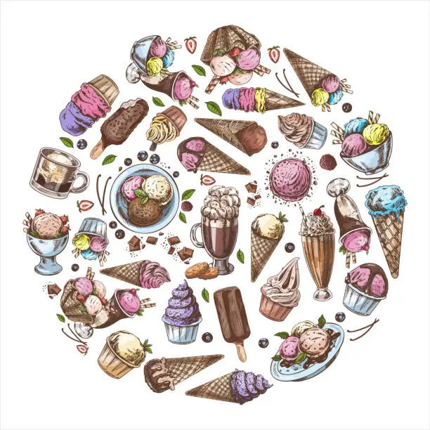 Vector illustration of Vintage set of hand drawn color ice cream icons. Elements in a circle. Vector illustrations in sketch style. Handmade, knitting equipment concept in vintage doodle style. Engraving style.