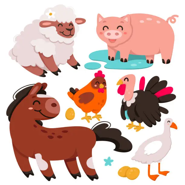 Vector illustration of Cute farm animals and pets set, isolated domestic funny characters from village farmyard