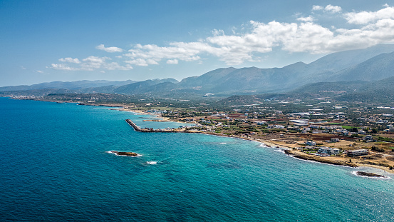 Aerial view of coast line and beach in Malia, Crete, Greece.