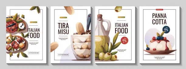 Vector illustration of Set of flyers with Italian bruschetta, tiramisu, oliveoil, Panna cotta.