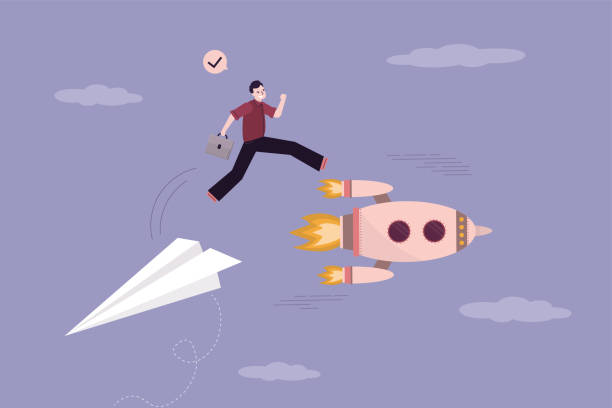 istock Change new business that is better than before. Businessman jumping from falling paper plane to fast rocket. Advantage of new technologies over old ones in business and work. 1743939716