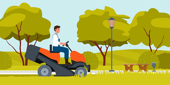 Man mowing grass with lawn mower tractor vector illustration. Cartoon worker of landscaping service driving machine along park road with shrubbery and trees, young male gardener working background