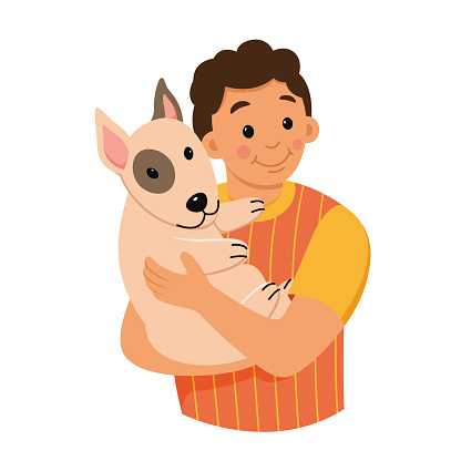 Happy boy holding dog in hands vector illustration. Cartoon isolated young male pet owner hugging bullterrier with love and care, happy hugs and friendship of smiling guy and domestic animal