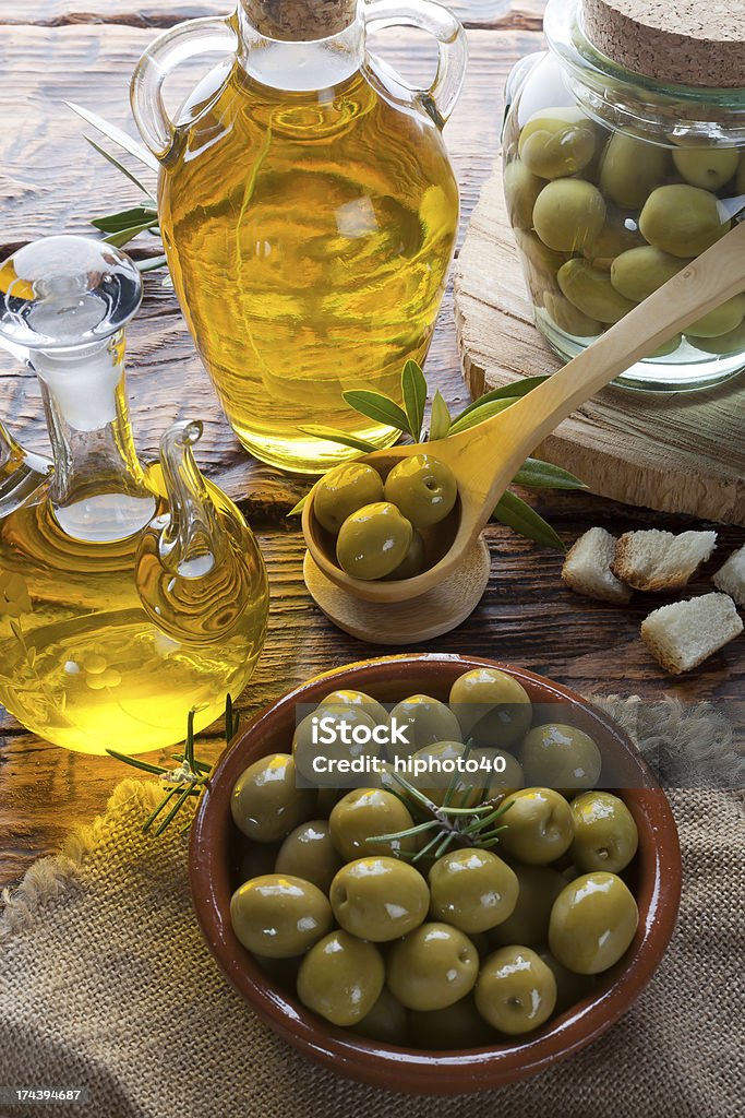 Olives Oil and olives Bottle Stock Photo
