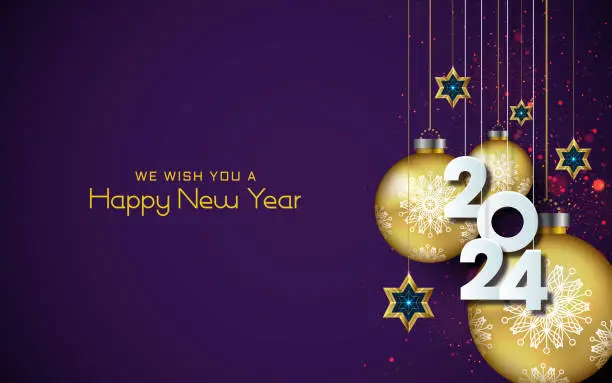 Vector illustration of Happy New Year 2024 Elegant gold text with balloons and confetti.