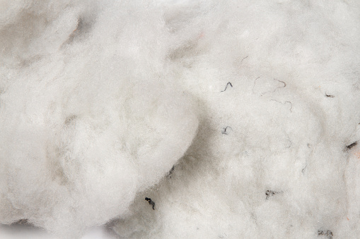 The texture of synthetic wool for insulation and thermal insulation. Soft white cotton wool close-up.