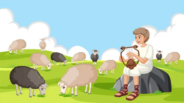 Vector illustration of David Playing Lyre to Sheep in Nature Landscape