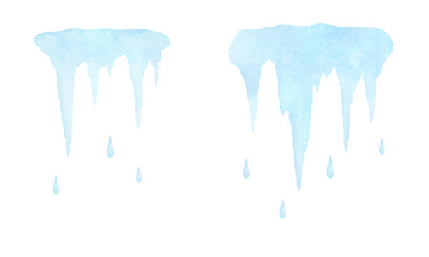 Watercolor illustration of a melting icicle isolated on a white background, hand-drawn. Watercolor illustration of a melting icicle isolated on a white background, hand-drawn. An icicle with drops of water. Seasonal thaw. The texture of watercolor on paper. icicles melting stock illustrations