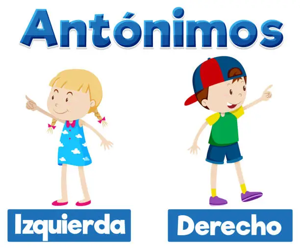 Vector illustration of Antonym Word Card: Izquierda and Derecho in Spanish