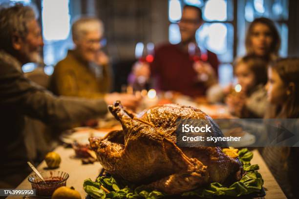 Close Up Of Thanksgiving Turkey On Dining Table Stock Photo - Download Image Now - Thanksgiving - Holiday, Dinner, Family